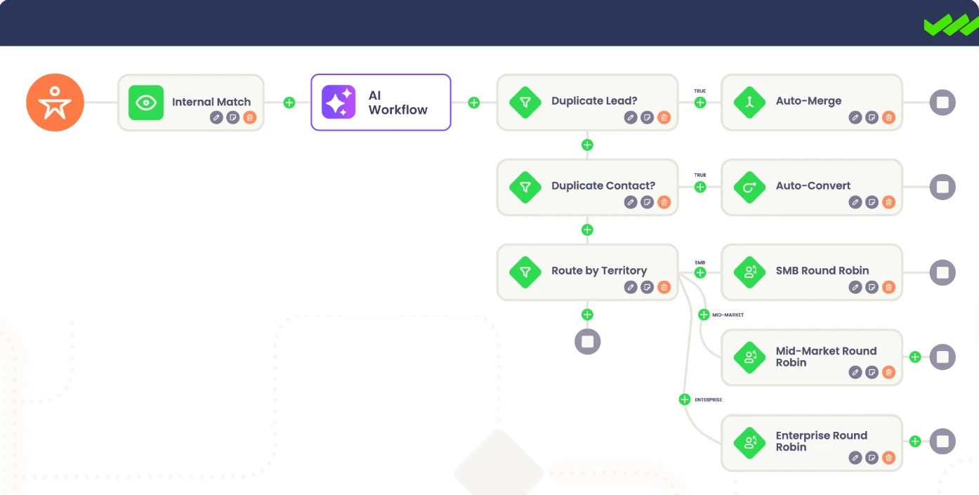 Traction Complete workflow branching through matching, duplicate checks, auto-merge, auto-conversion, and territory-based round robin.