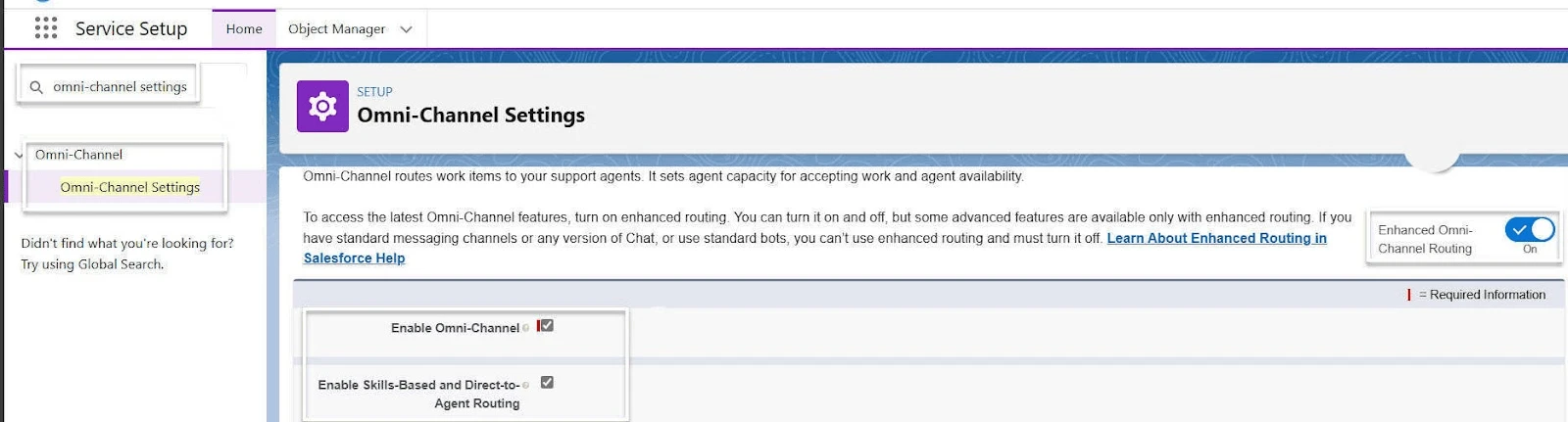 Salesforce Omni-Channel Settings with Enable Omni-Channel selected.