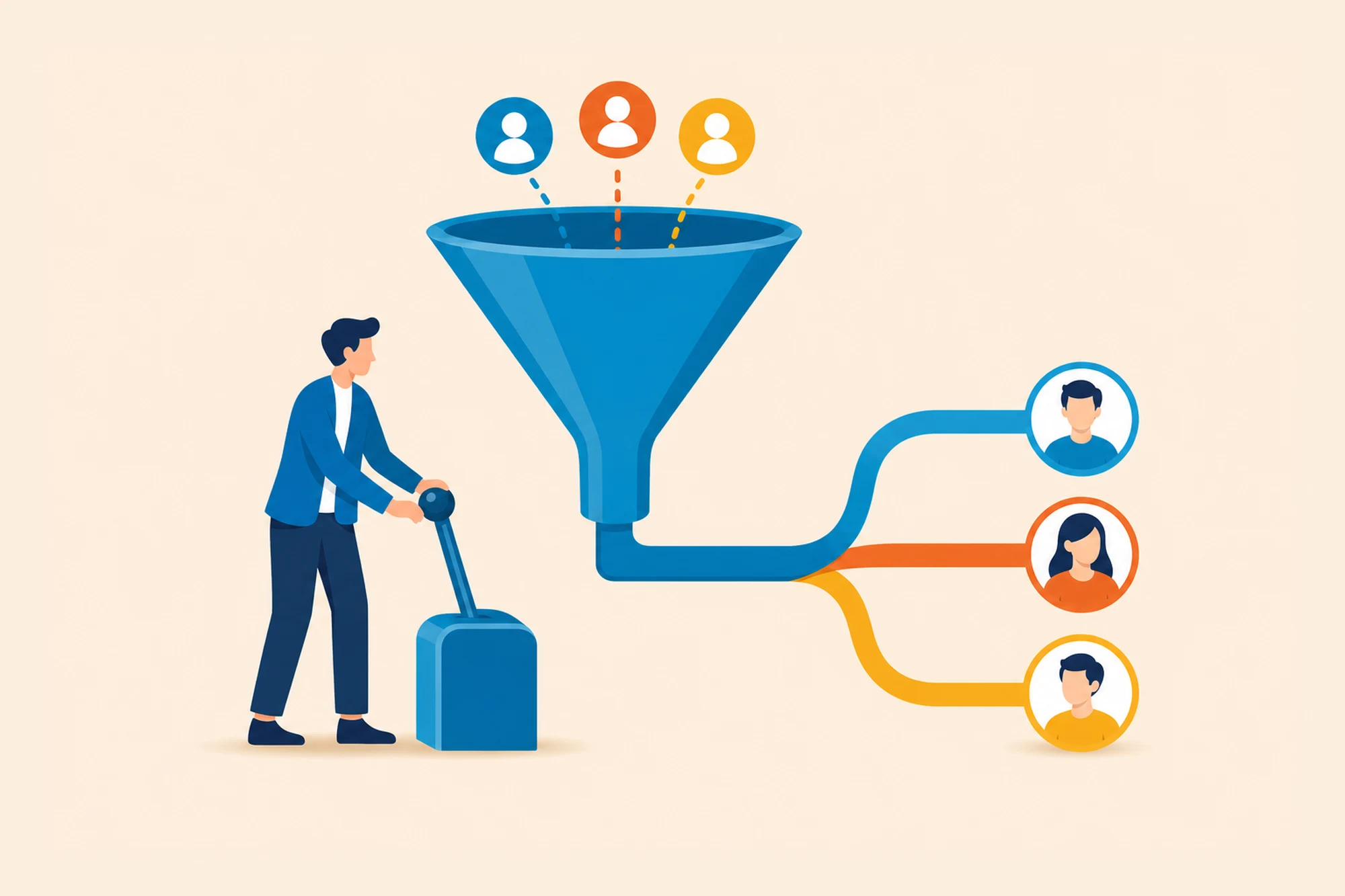 Illustration of lead tokens moving through an automated routing funnel toward sales reps.