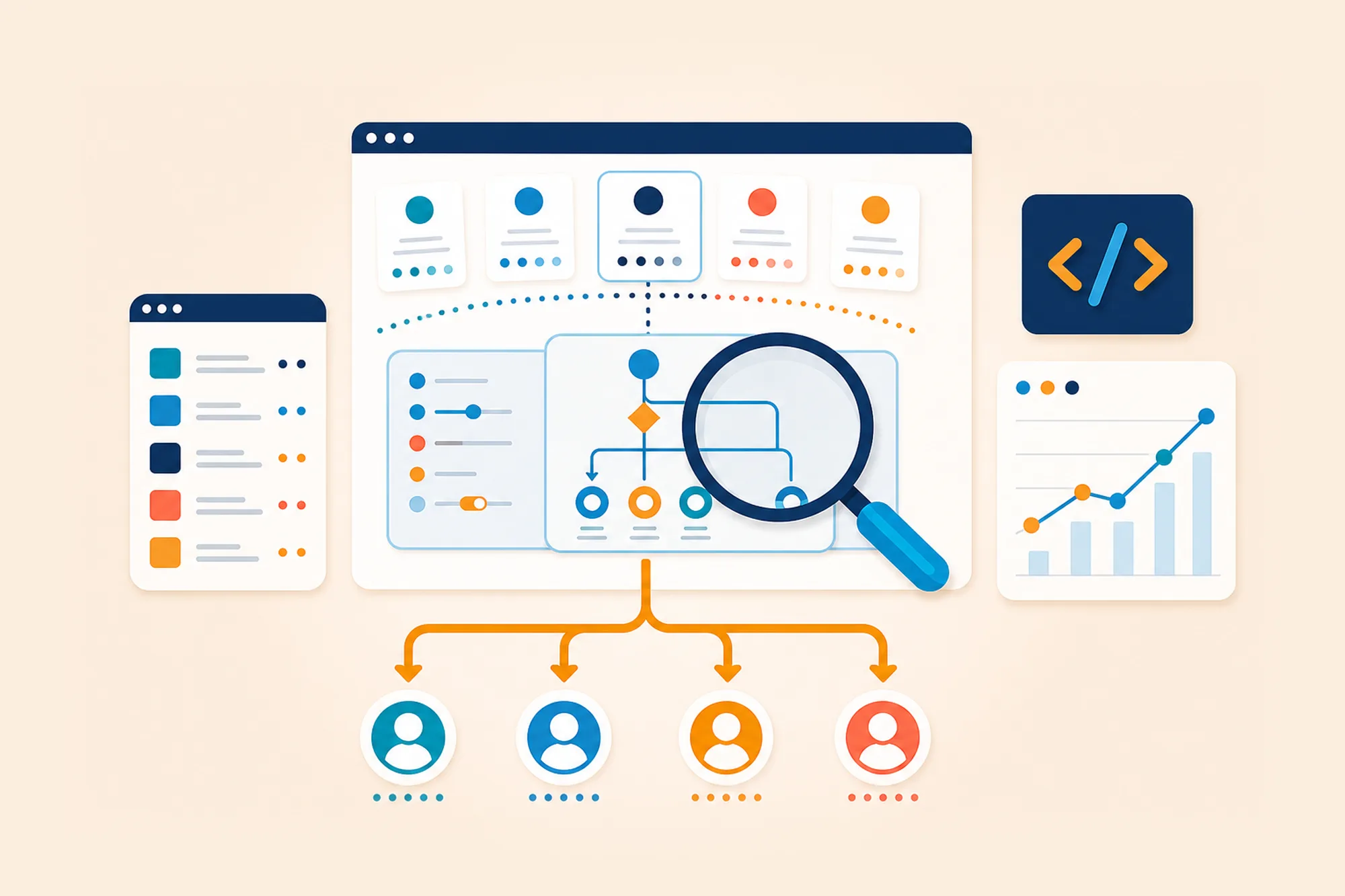 Lead distribution dashboard illustration with routing branches, rep profiles, a magnifying glass, and a performance chart.