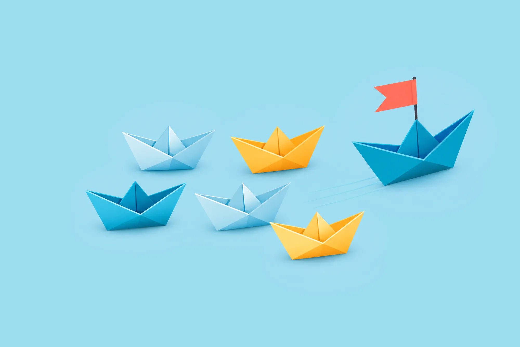 Six paper boats with a flag on the largest blue boat.