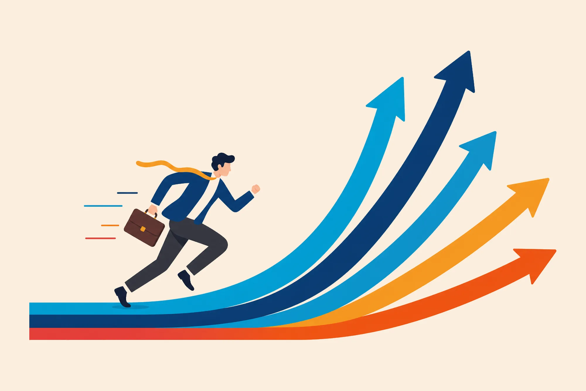 Businessperson running along colored arrows that curve upward.