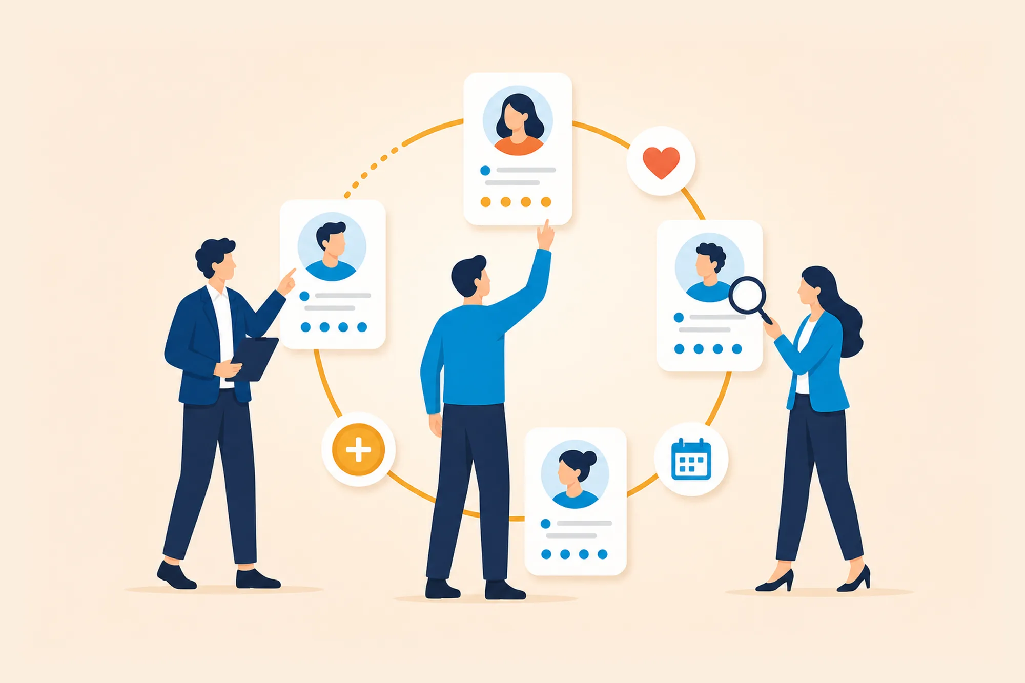 Three people reviewing customer profile cards connected in a circle with heart and calendar symbols.