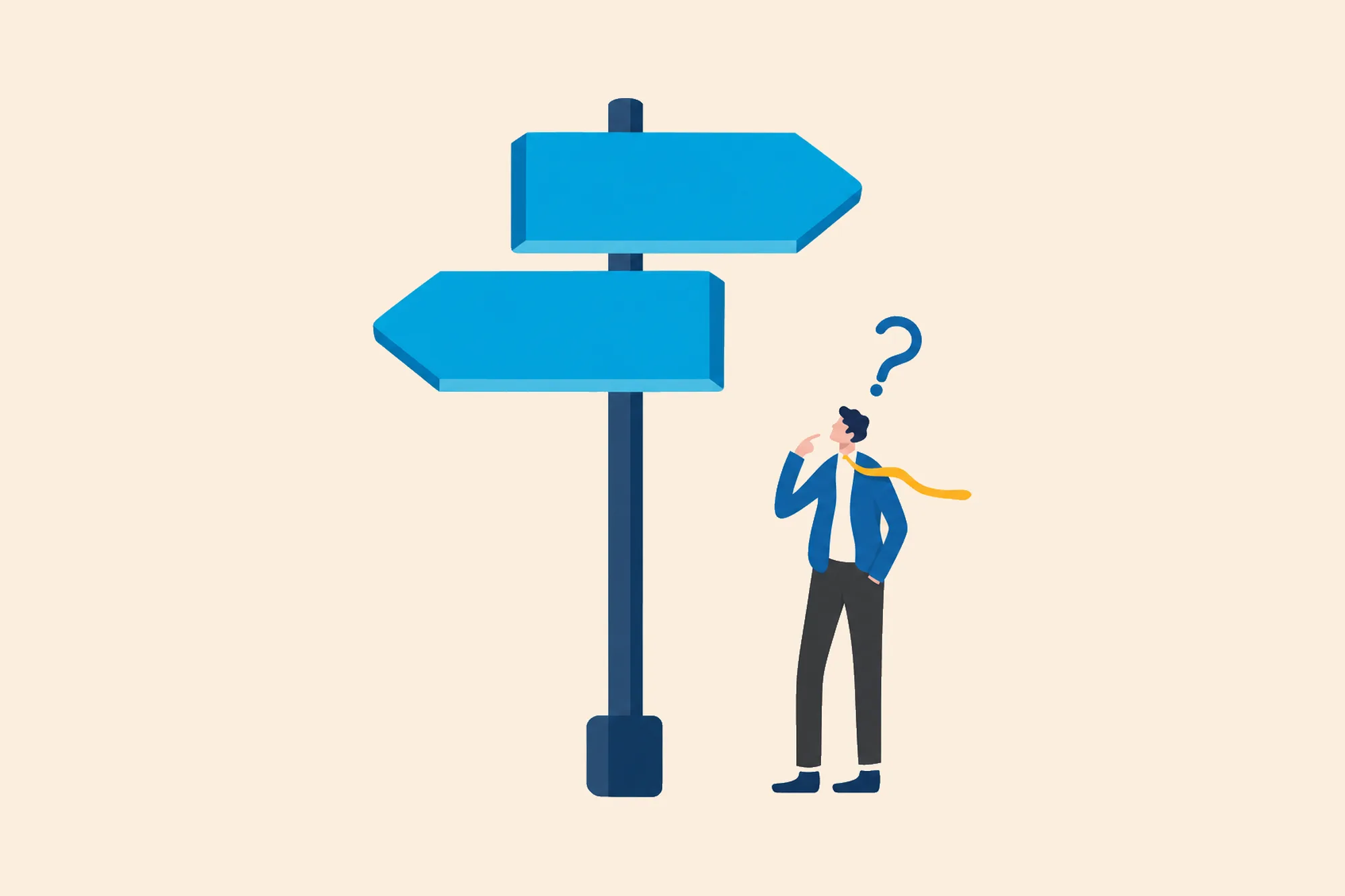 Person considering two arrows pointing in opposite directions on a signpost.