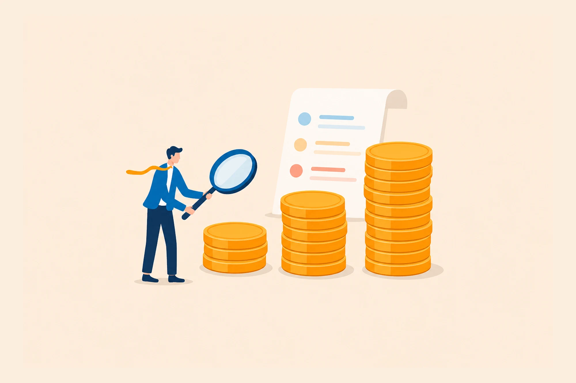 Person examining three coin stacks beside a pricing document.