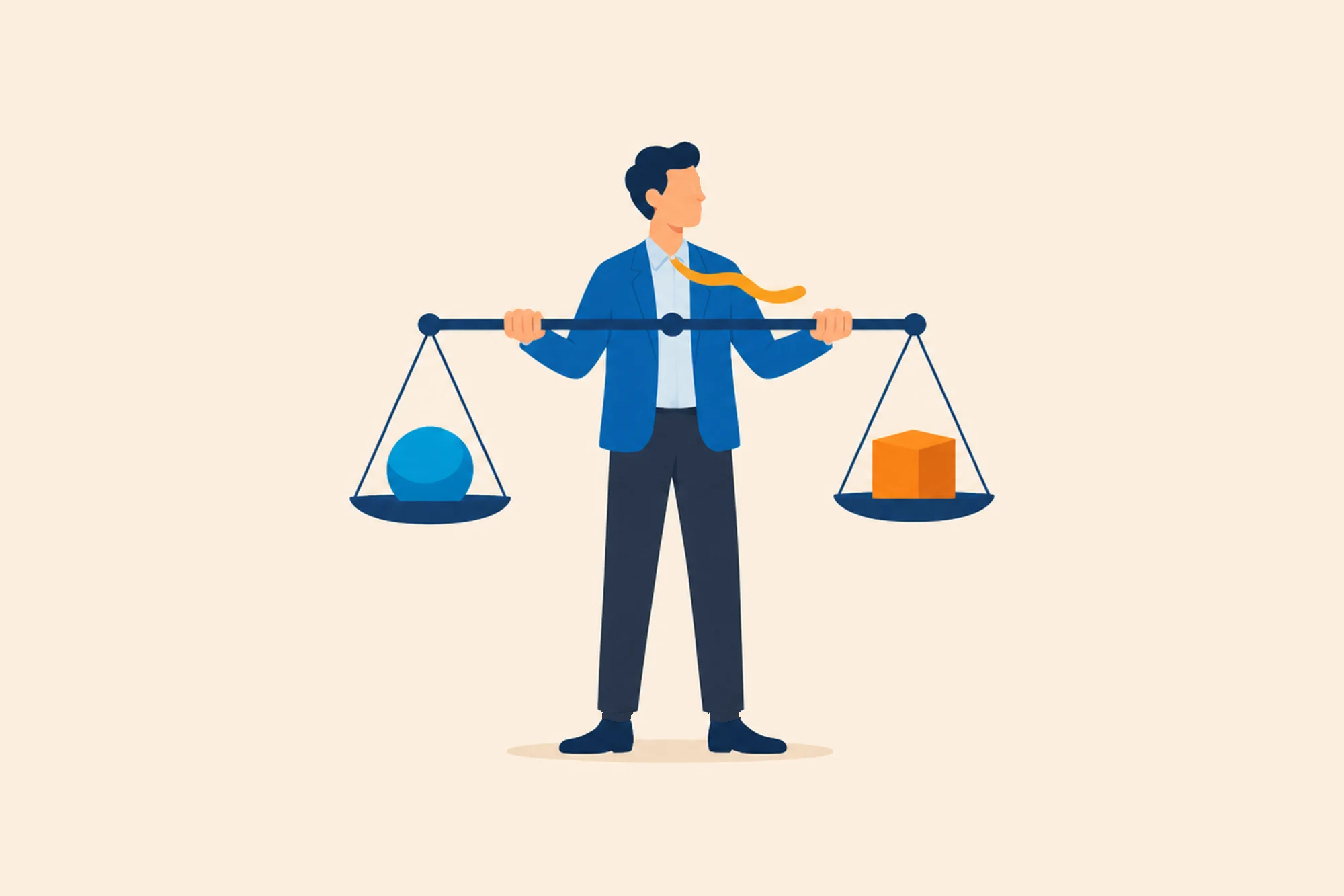 Person holding a balance scale with a blue sphere and an orange cube.