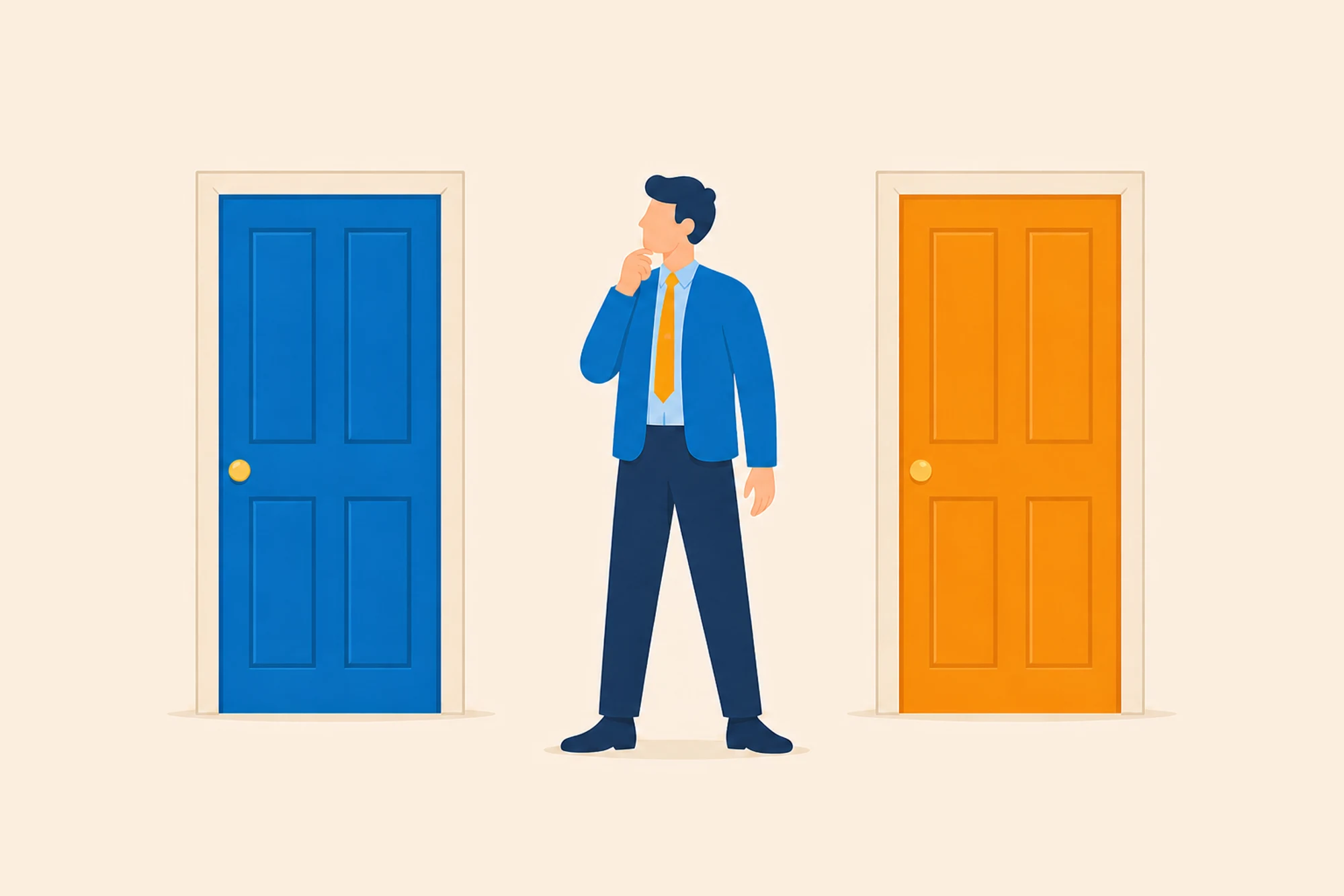 Person choosing between a blue door and an orange door.