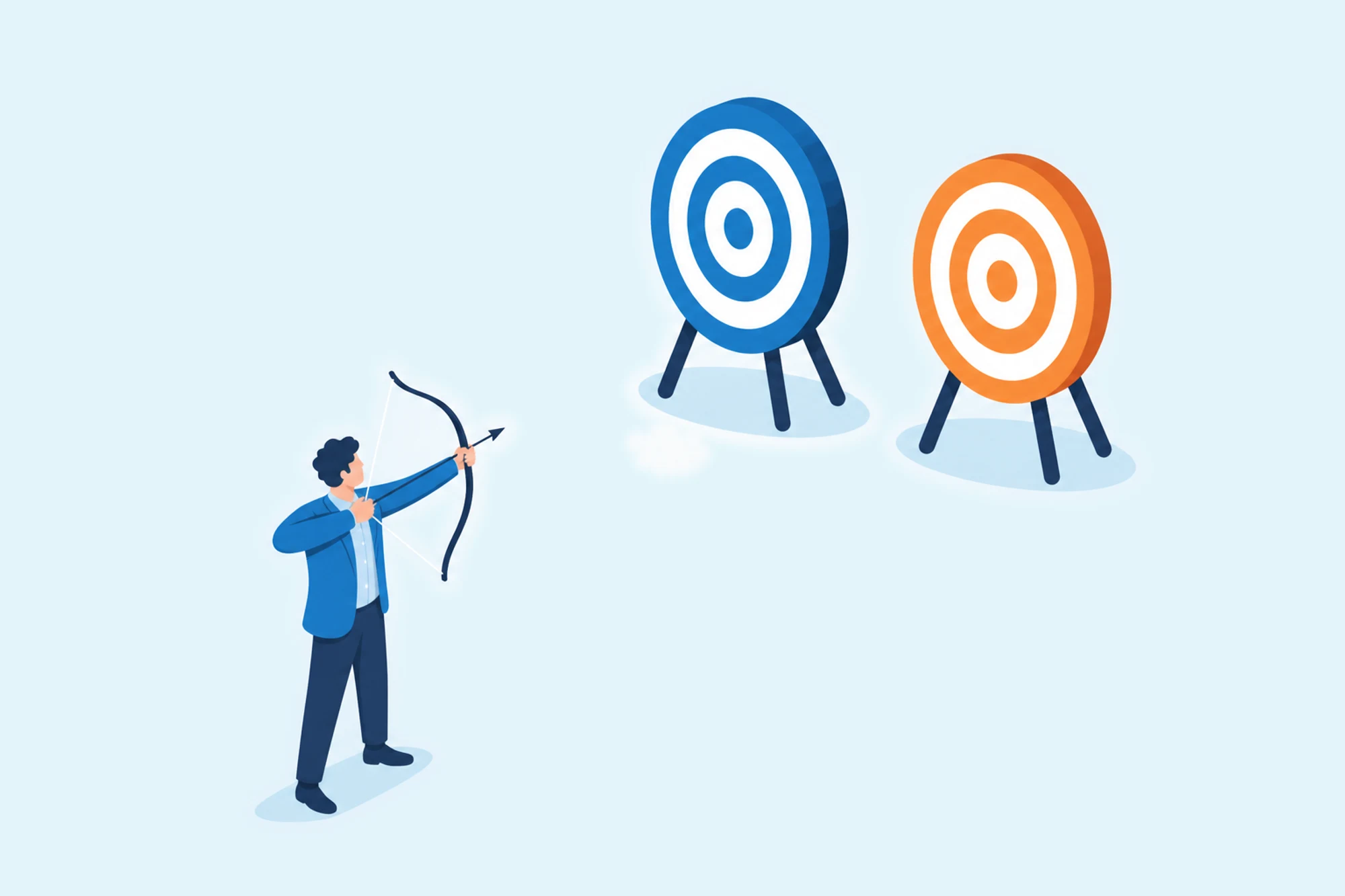 Person aiming a bow toward a blue target and an orange target.