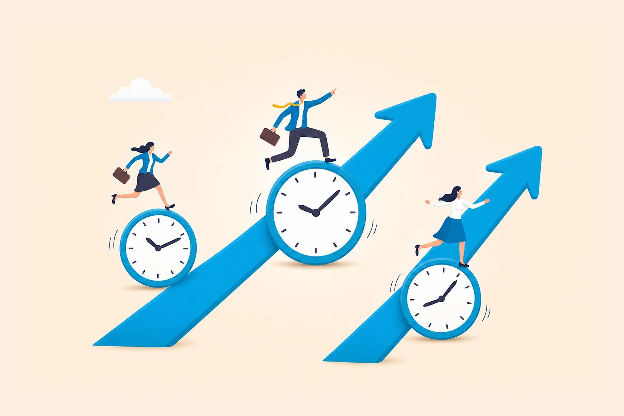Illustration of reps moving along rising arrows and clocks.