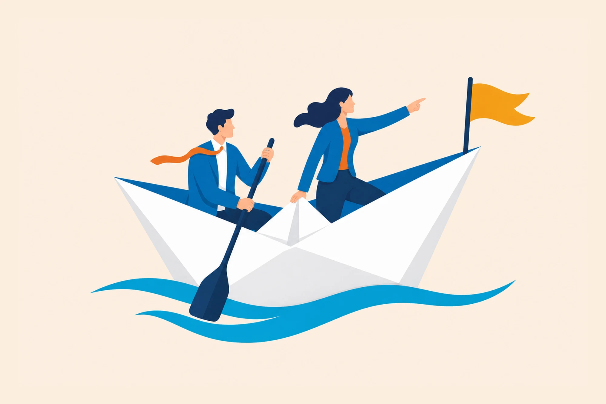 Two people navigating together in a paper boat.