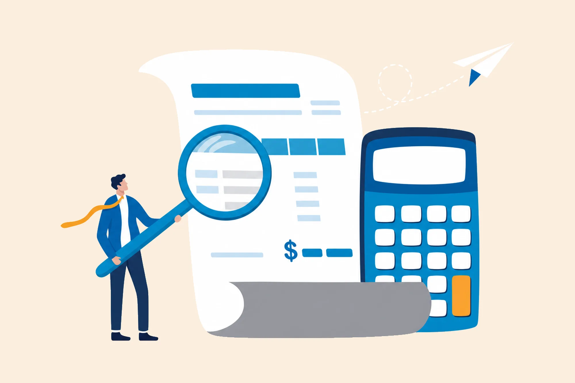 Person examining a pricing document with a magnifying glass beside a calculator.