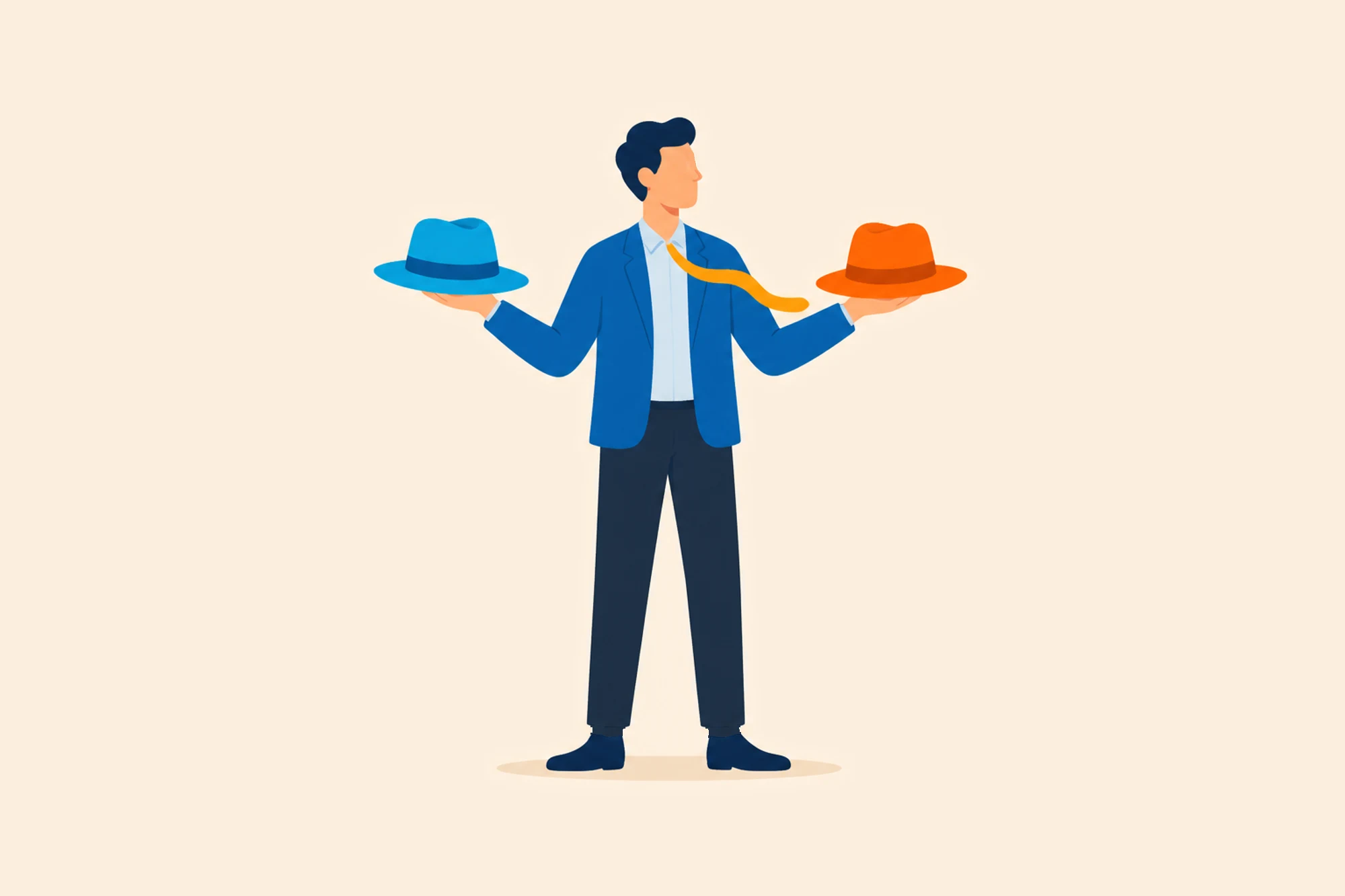 Person comparing a blue hat and an orange hat.
