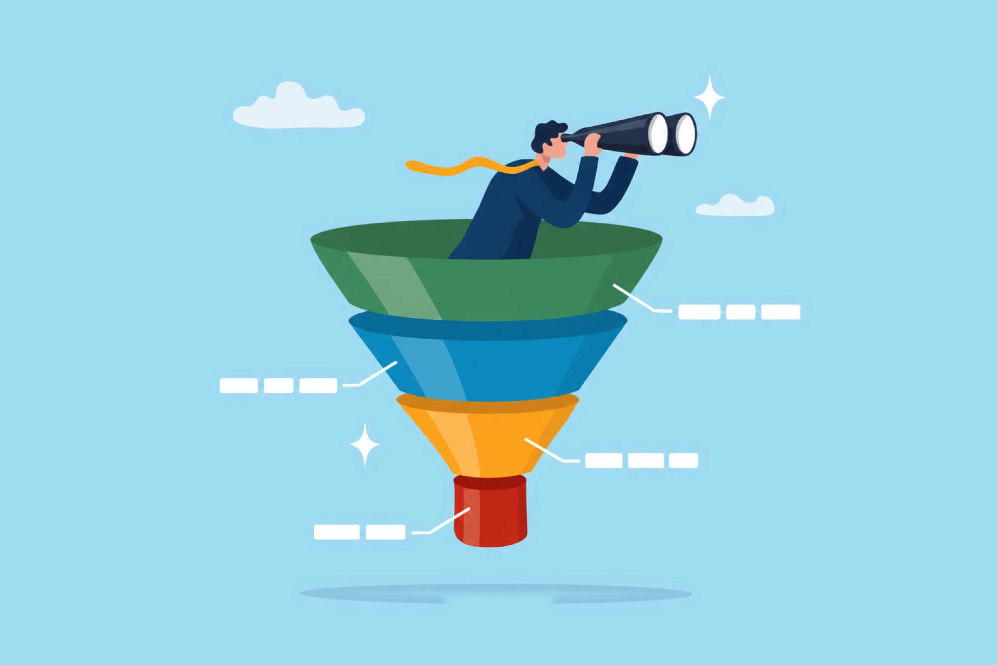 Person looking through binoculars from the top of a multistage sales funnel.