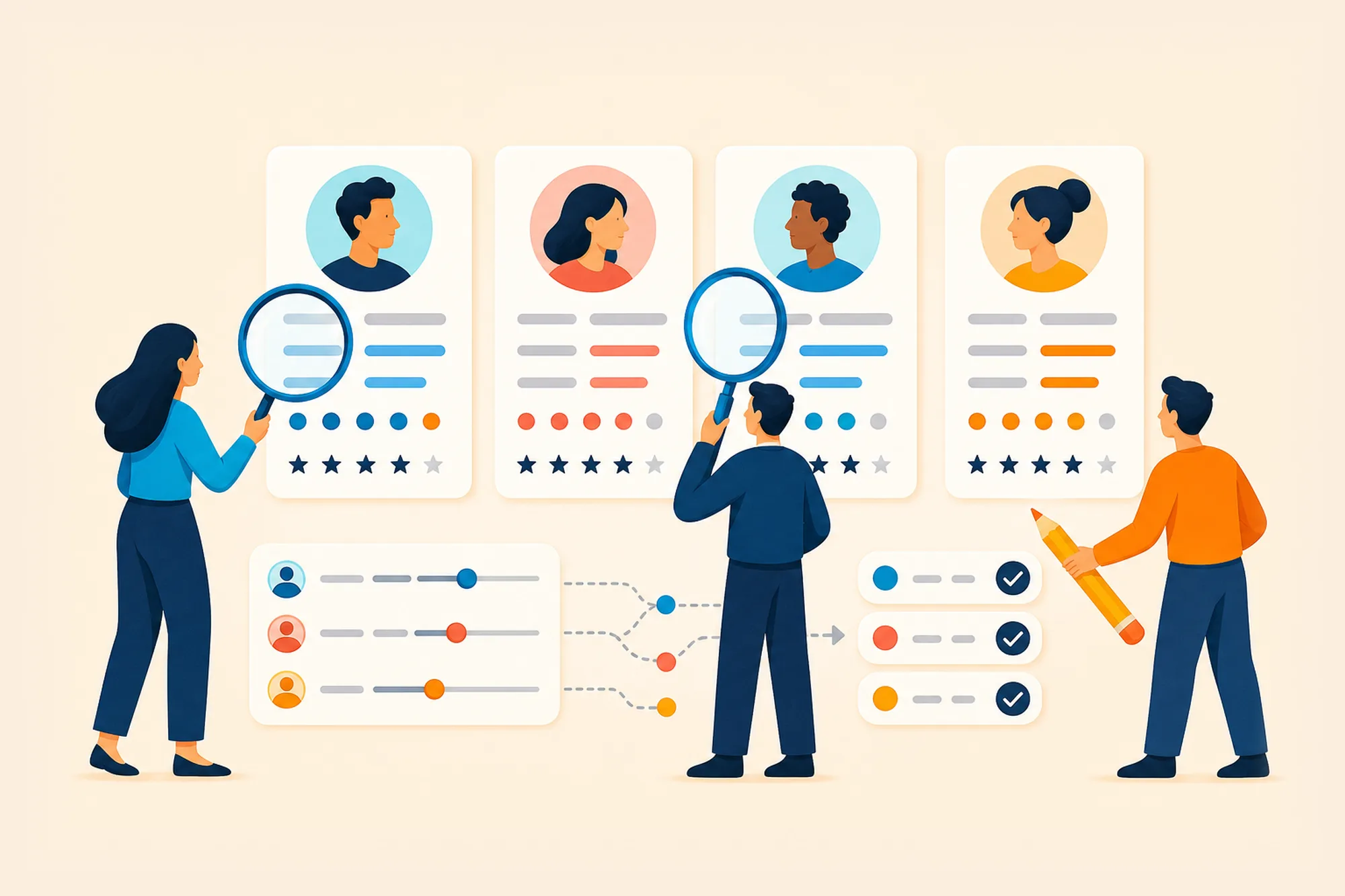 Three people comparing scored profile cards and assignment criteria.