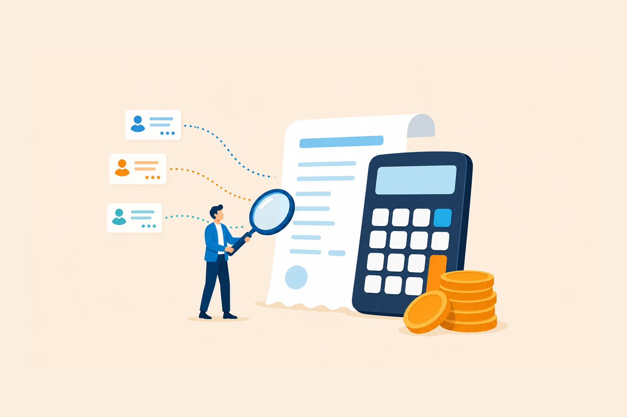 Person reviewing an invoice beside a calculator, record cards, and coins.