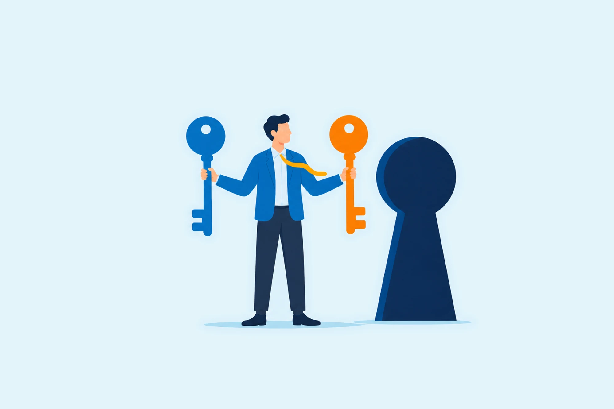 Person holding a blue key and an orange key beside a large keyhole.