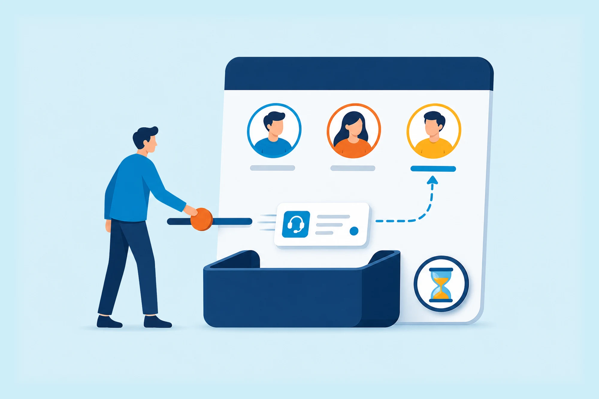 Illustration of a support operator assigning case cards from a shared queue to the right Salesforce agent.