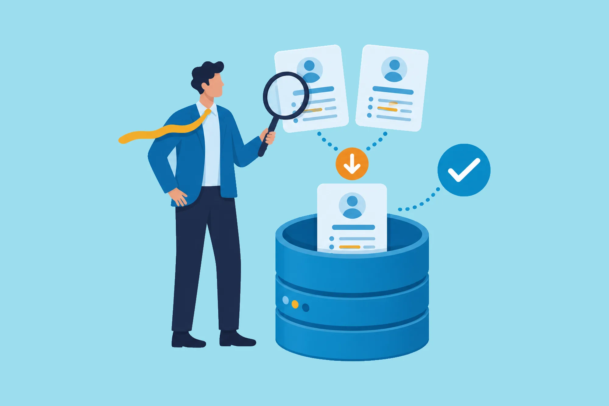 Person inspecting two duplicate profile cards being combined into one database record.