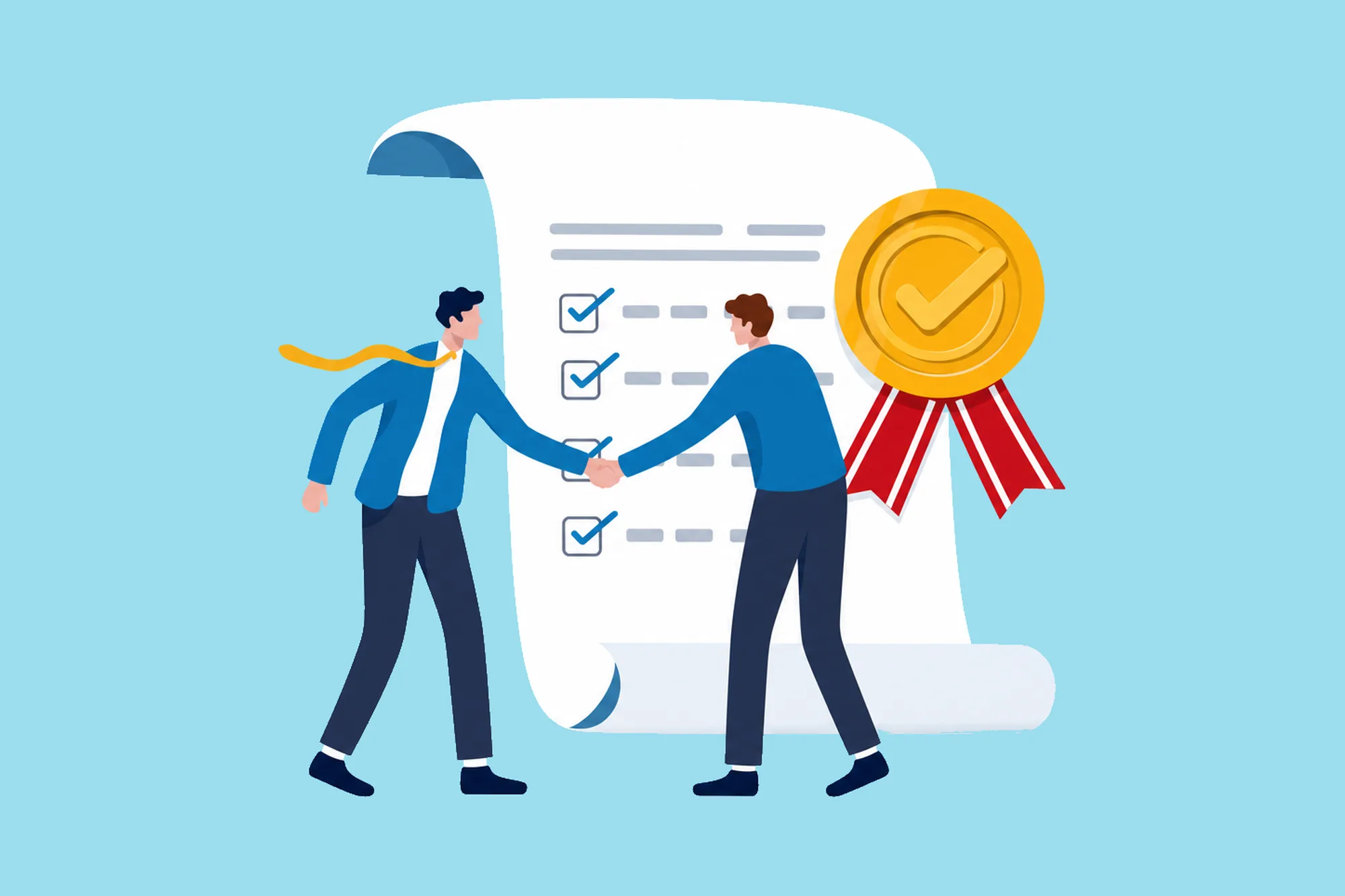 Two people shaking hands beside a completed checklist and an award seal.