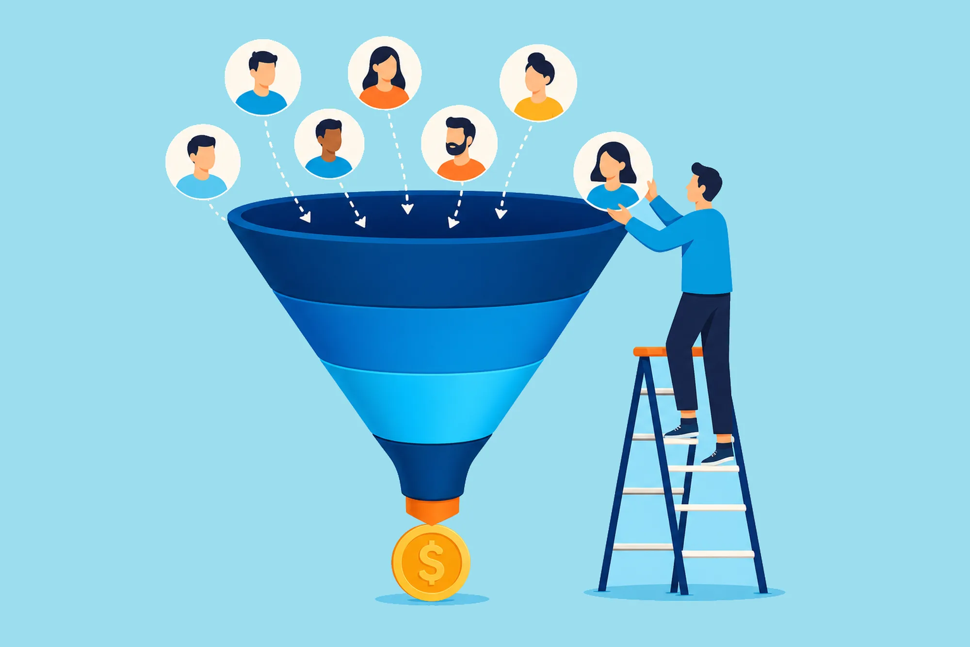 Person on a ladder adding lead profiles to a sales funnel with a coin at the bottom.