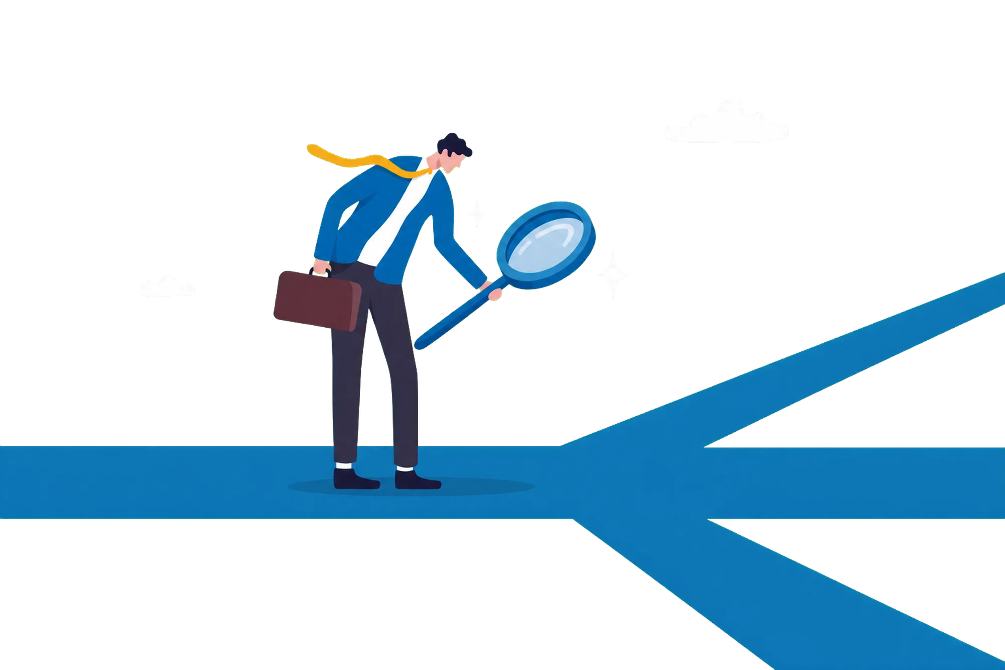 Illustration of a person inspecting a route arrow with a magnifying glass.