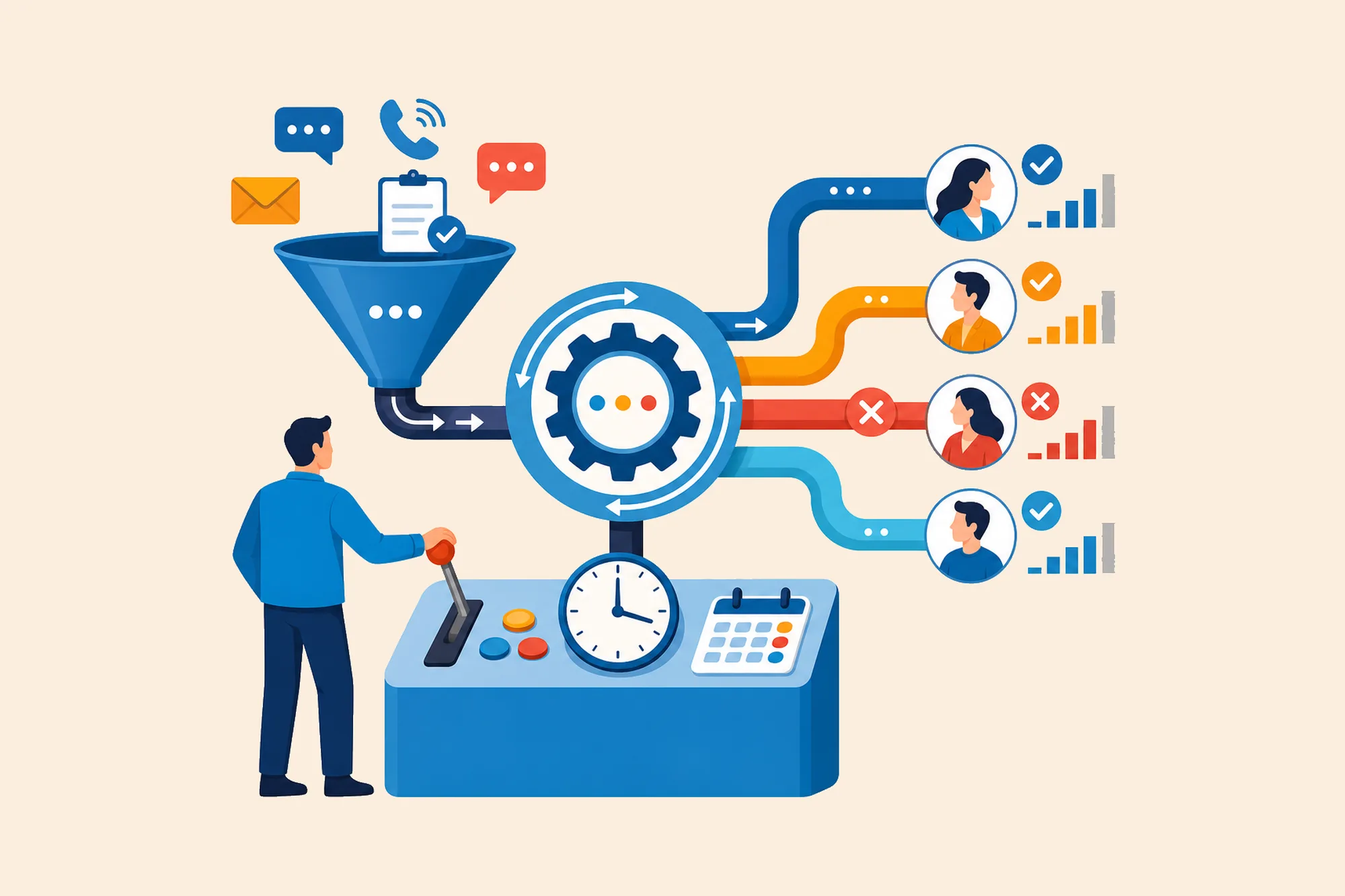 Operator routing phone, email, chat, and record requests through a central control to agents with availability indicators.