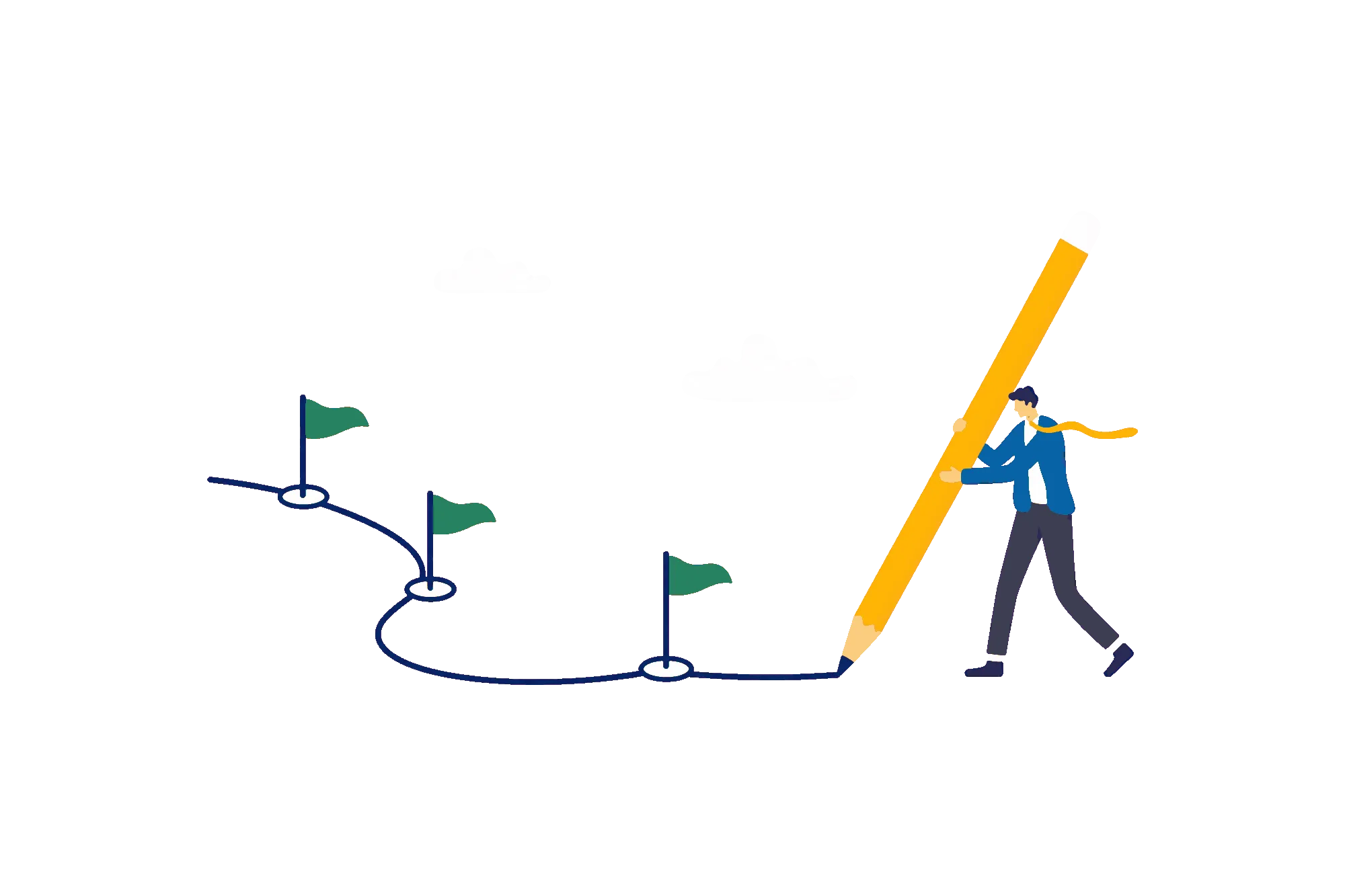 Person drawing a route connecting three flags with an oversized pencil.