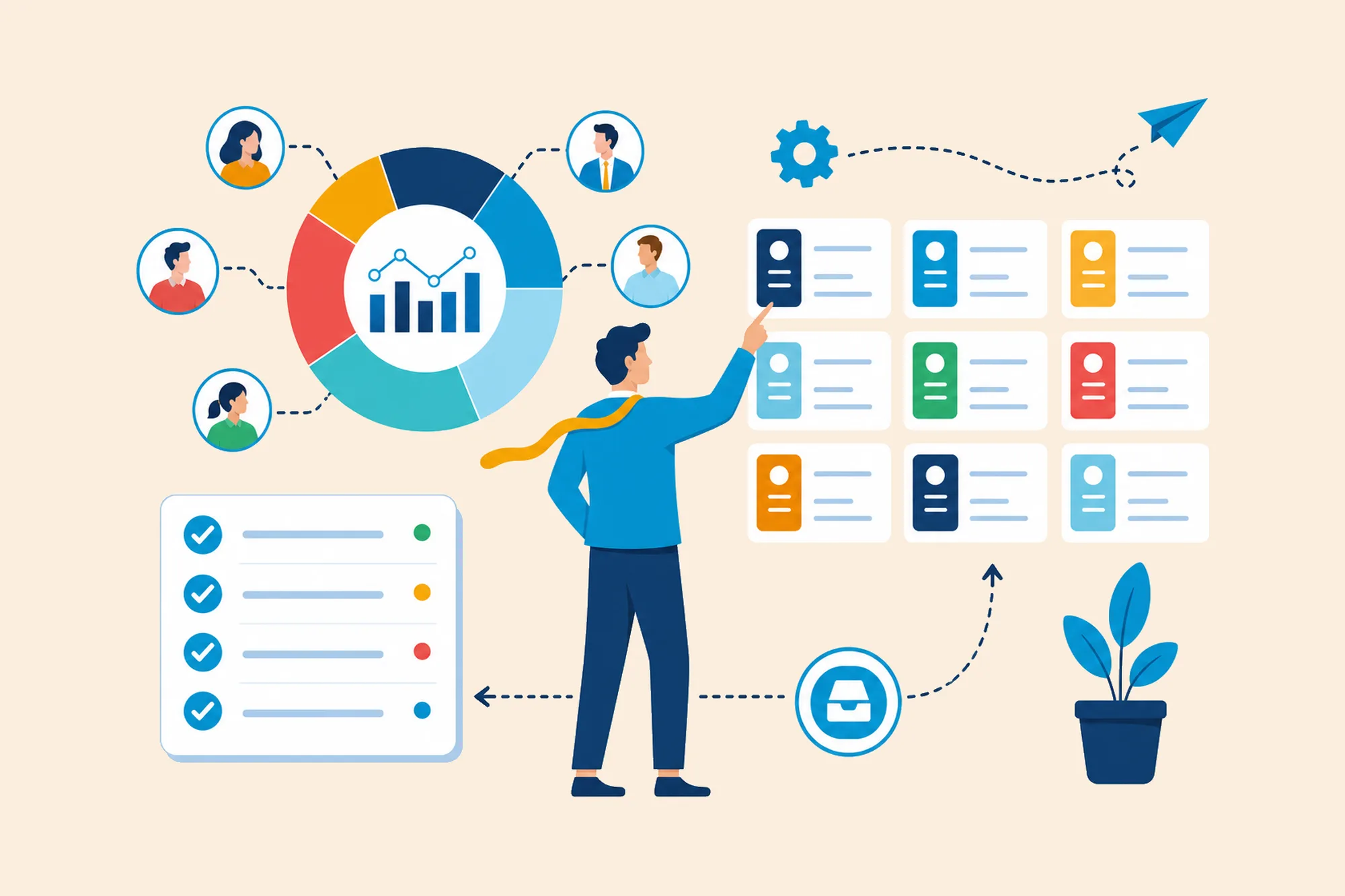 Person organizing ticket cards beside a checklist, customer profiles, and a reporting chart.