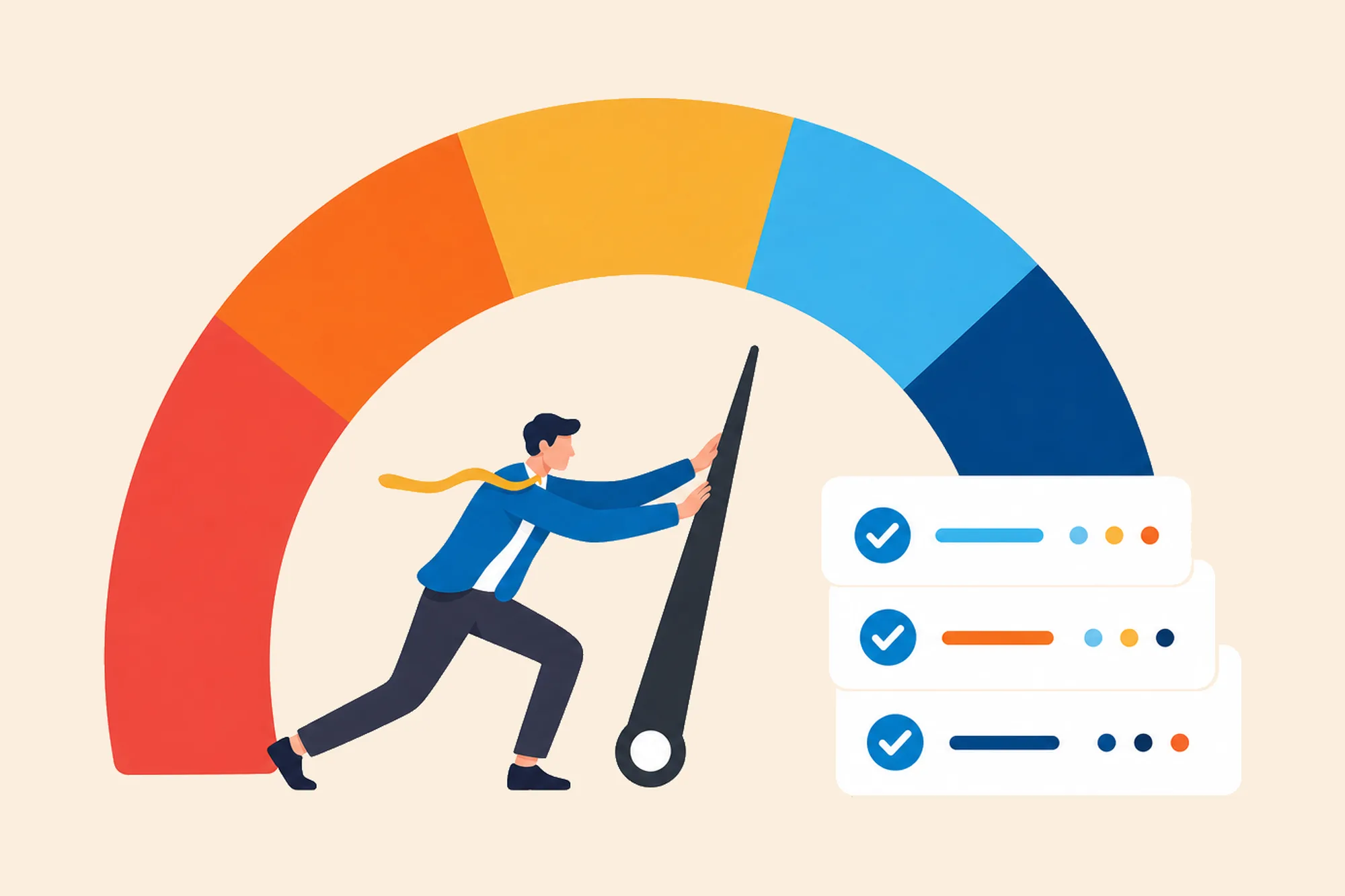 Person moving a gauge needle beside three checked skill indicators.