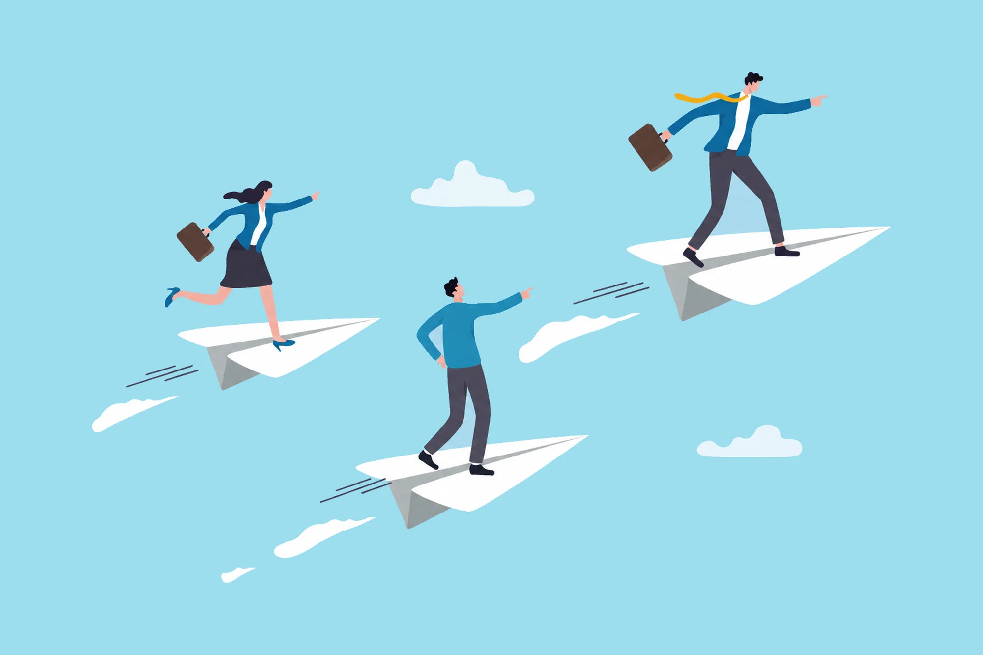 Three businesspeople riding paper airplanes.