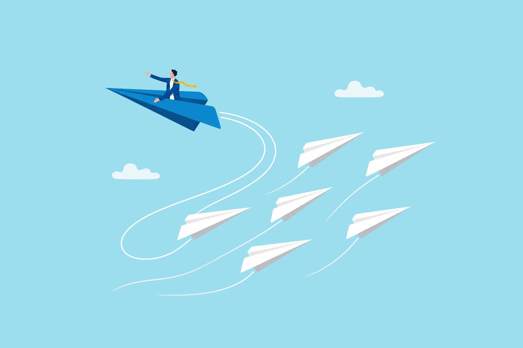 Person steering a blue paper airplane along a different path from a group of white airplanes.