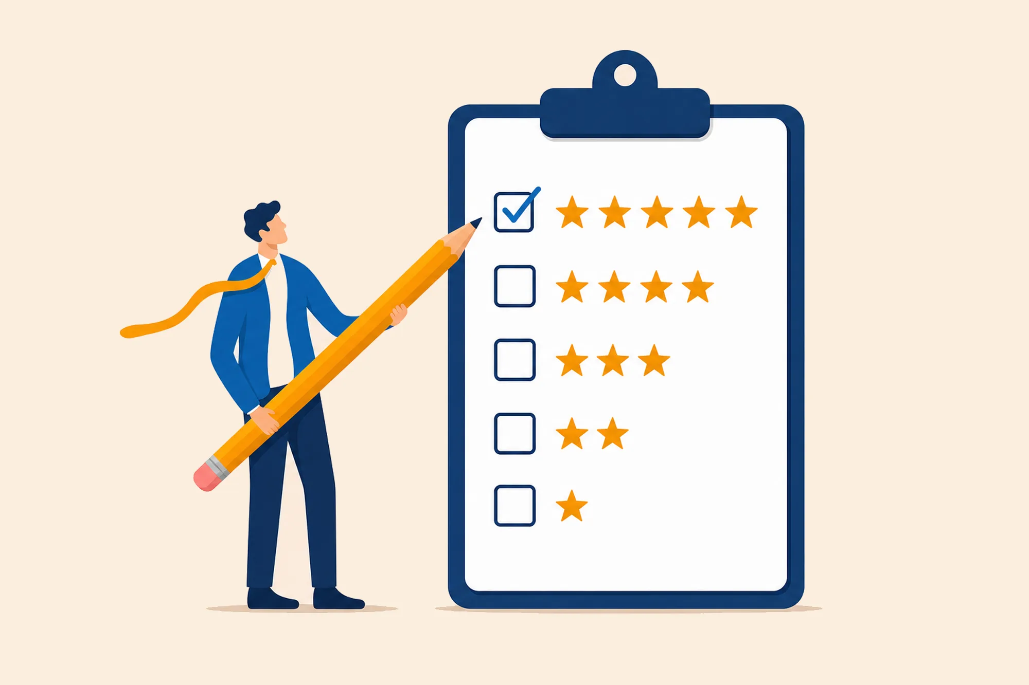 Person selecting the five-star option on a rating checklist.