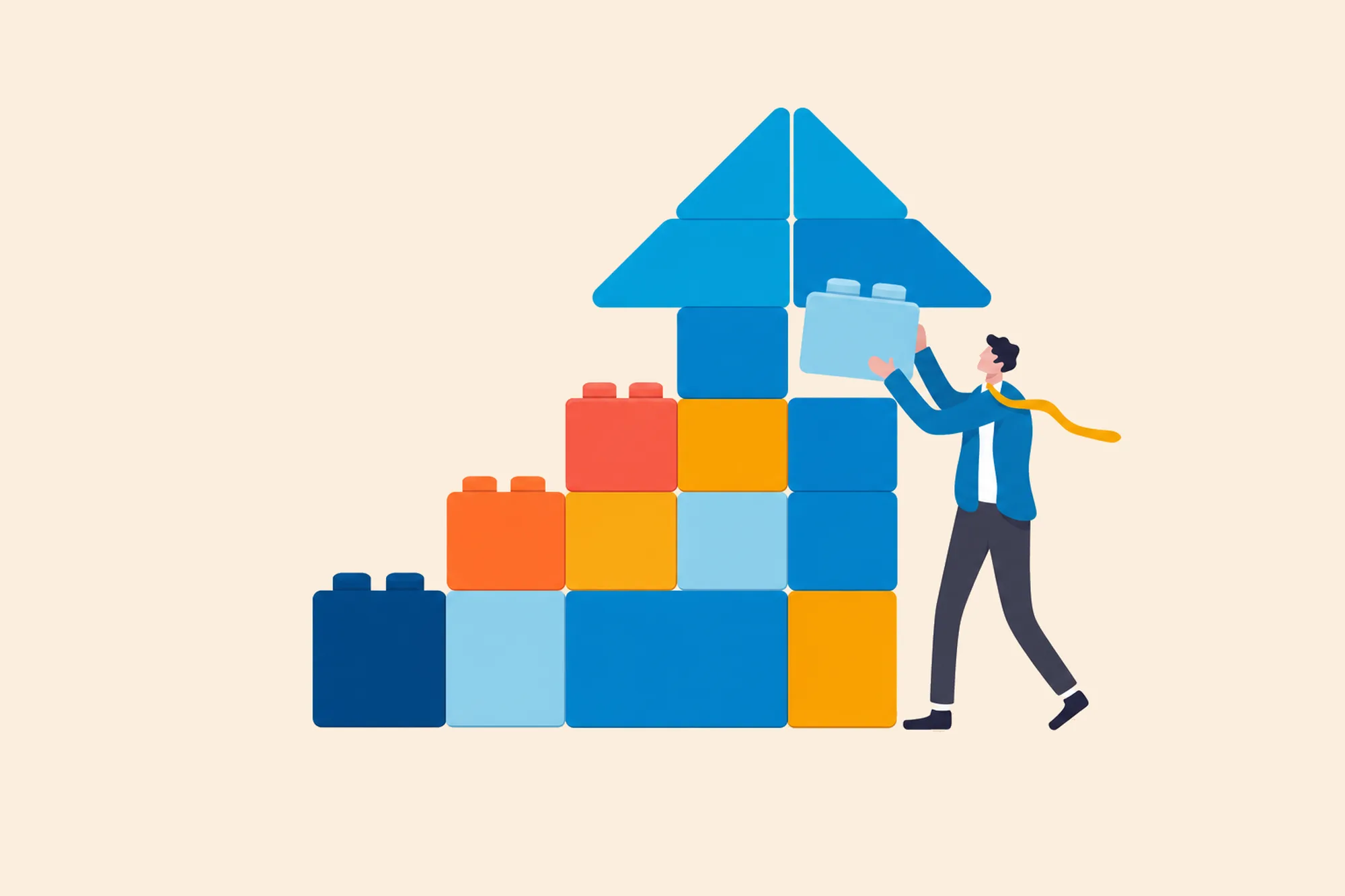 Person adding a block to a rising arrow built from colorful blocks.