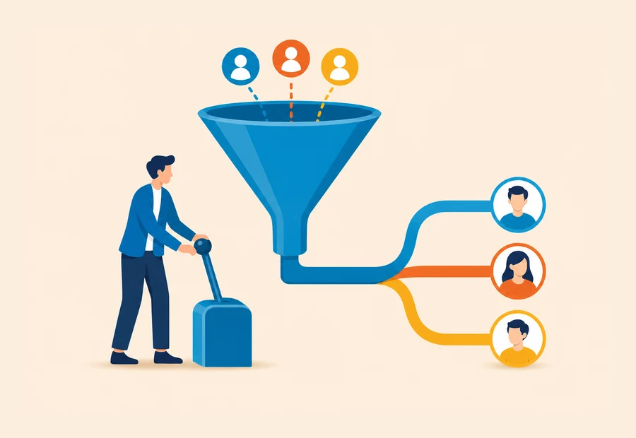 Illustration of lead tokens moving through an automated routing funnel toward sales reps.