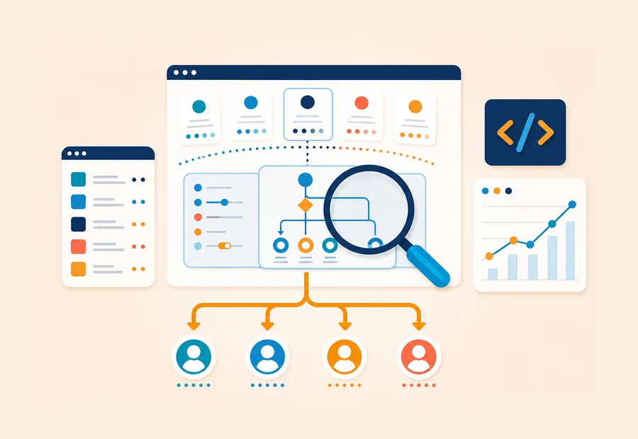 Lead distribution dashboard illustration with routing branches, rep profiles, a magnifying glass, and a performance chart.