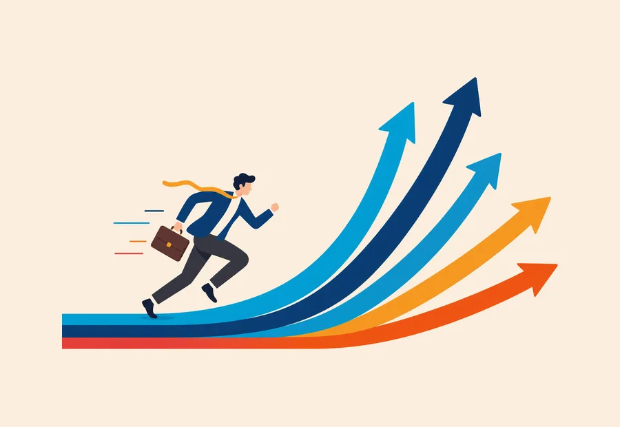 Businessperson running along colored arrows that curve upward.