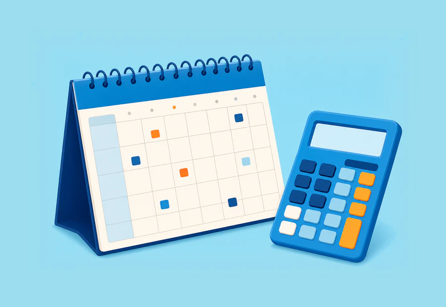 Desk calendar beside a calculator.