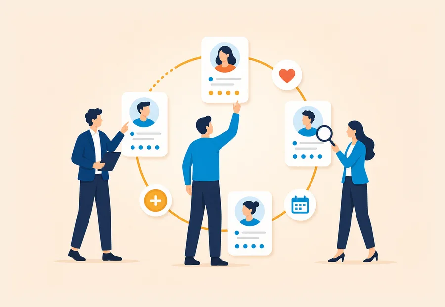 Three people reviewing customer profile cards connected in a circle with heart and calendar symbols.