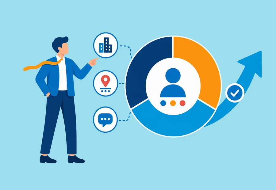 Person beside a customer profile connected to company, location, and communication details.