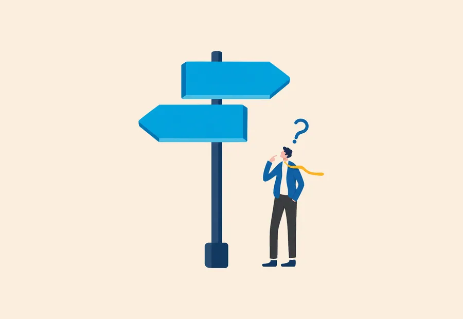 Person considering two arrows pointing in opposite directions on a signpost.