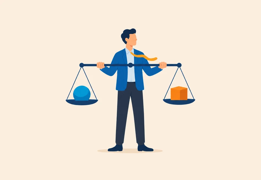 Person holding a balance scale with a blue sphere and an orange cube.