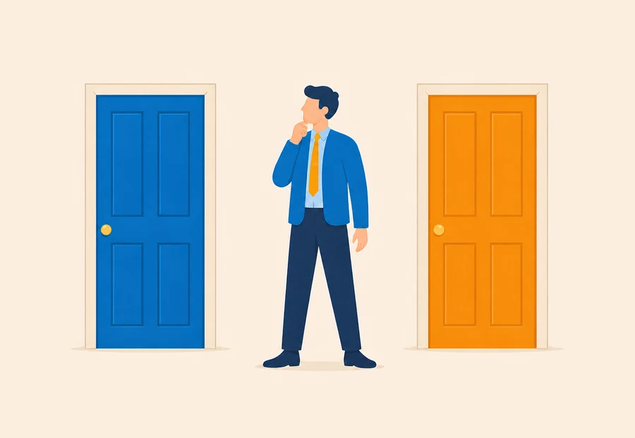 Person choosing between a blue door and an orange door.