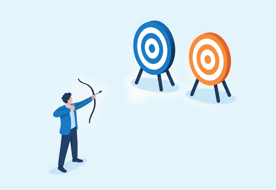 Person aiming a bow toward a blue target and an orange target.
