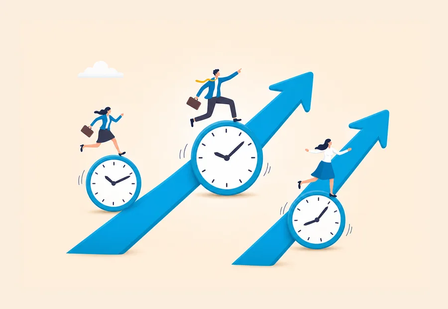 Illustration of reps moving along rising arrows and clocks.