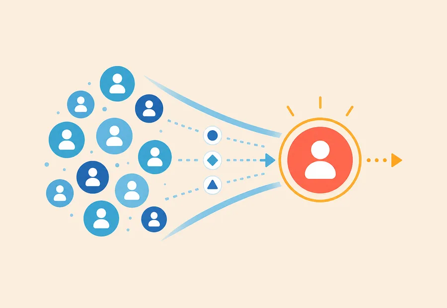 Lead profiles passing through a funnel toward one highlighted qualified lead.