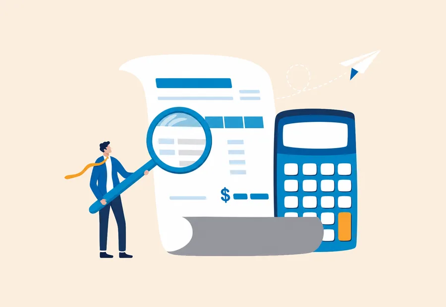Person examining a pricing document with a magnifying glass beside a calculator.
