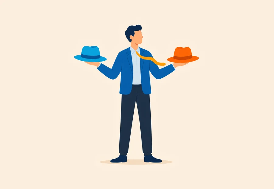Person comparing a blue hat and an orange hat.