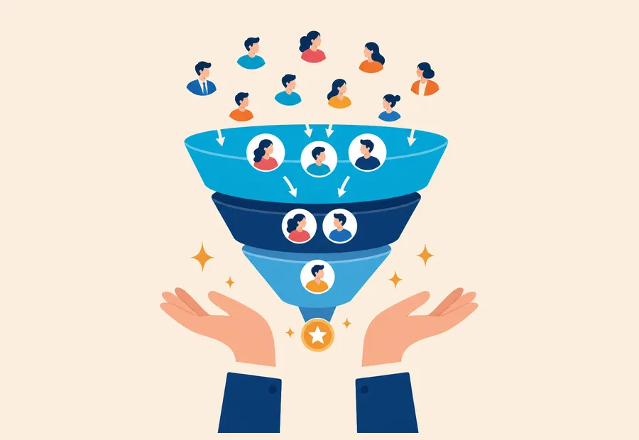 Lead profiles moving through a three-stage funnel toward a single qualified lead.