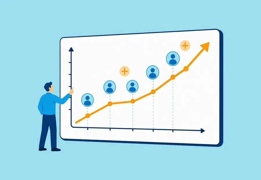 Person presenting a rising revenue chart with customer icons and plus signs.