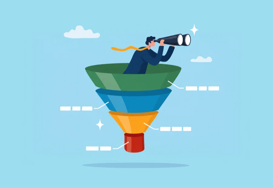 Person looking through binoculars from the top of a multistage sales funnel.